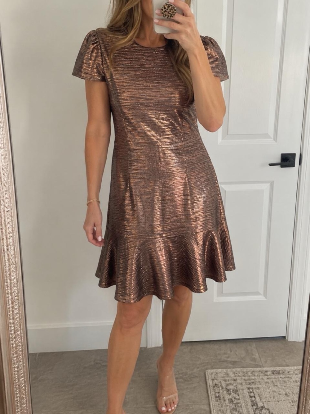 Alice + Olivia Metallic Bronze Short-Sleeve Ruffle-Hem Mini Dress